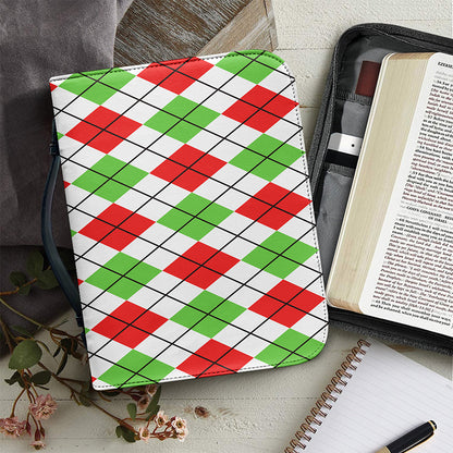 Green Red And White Argyle Pattern Print Leather Bible Cover