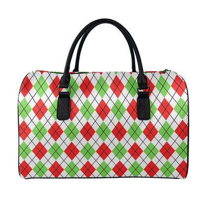 Green Red And White Argyle Pattern Print Leather Duffle Bag