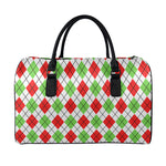Green Red And White Argyle Pattern Print Leather Duffle Bag