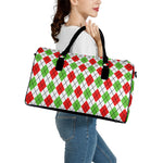 Green Red And White Argyle Pattern Print Leather Duffle Bag