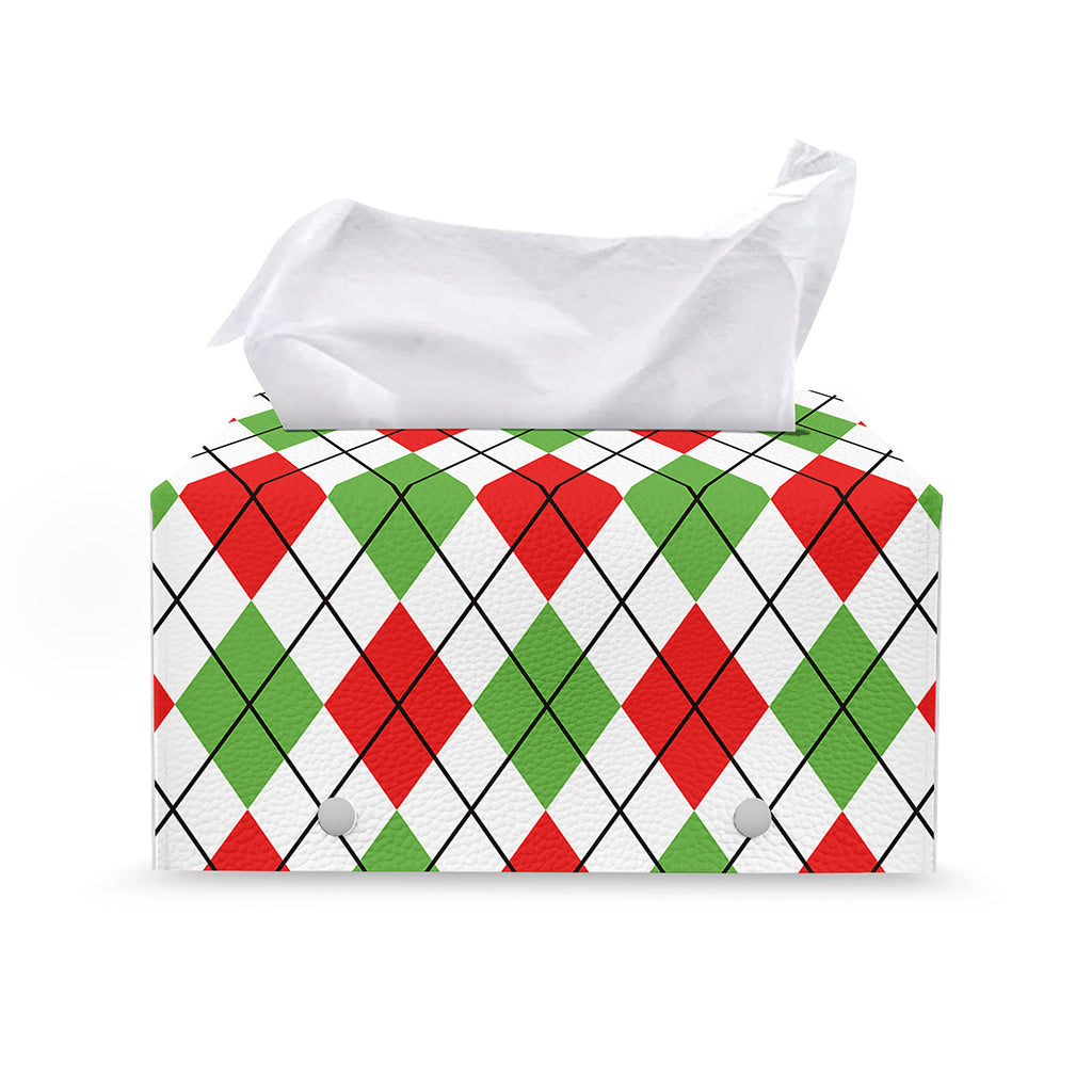 Green Red And White Argyle Pattern Print Leather Tissue Box Cover