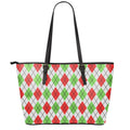Green Red And White Argyle Pattern Print Leather Tote Bag With Zipper