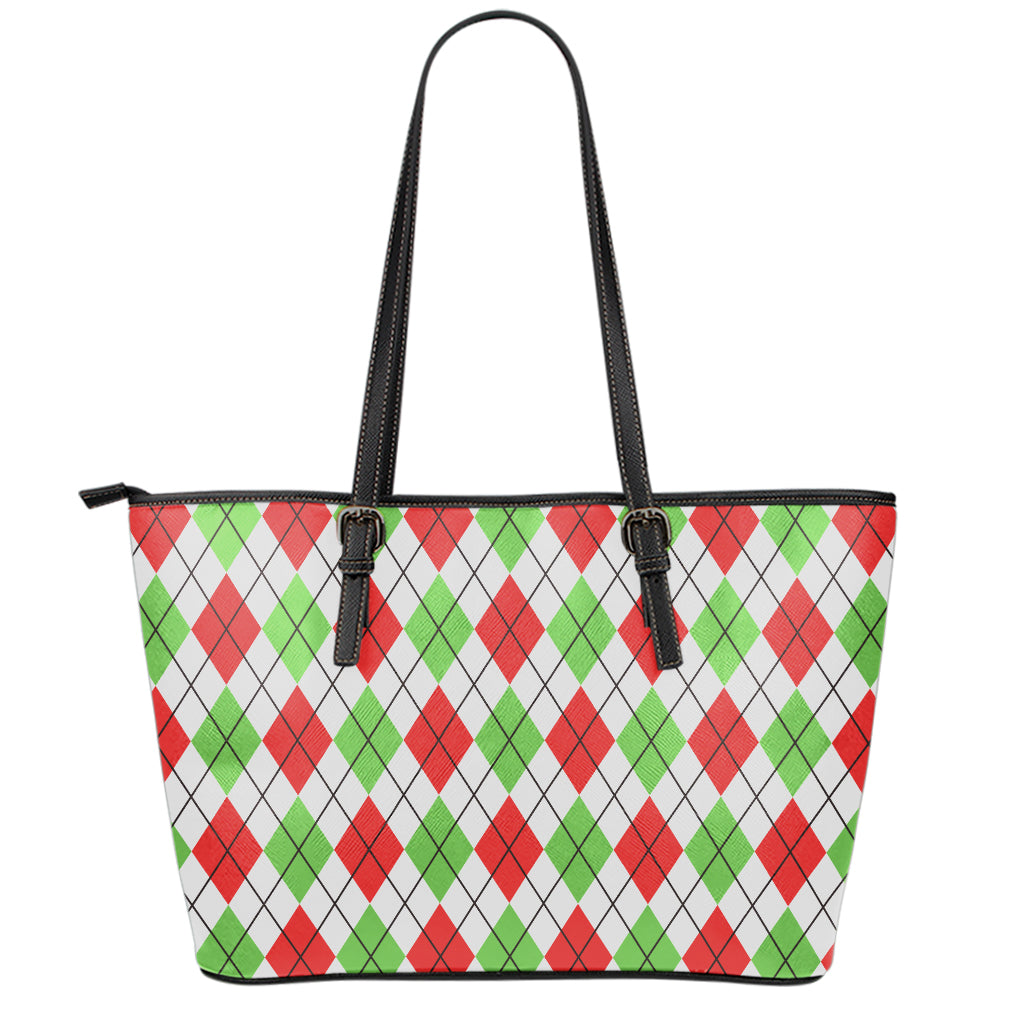 Green Red And White Argyle Pattern Print Leather Tote Bag