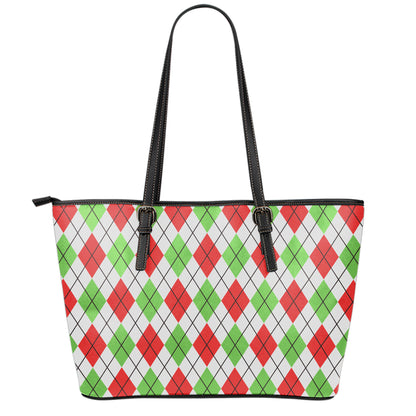 Green Red And White Argyle Pattern Print Leather Tote Bag