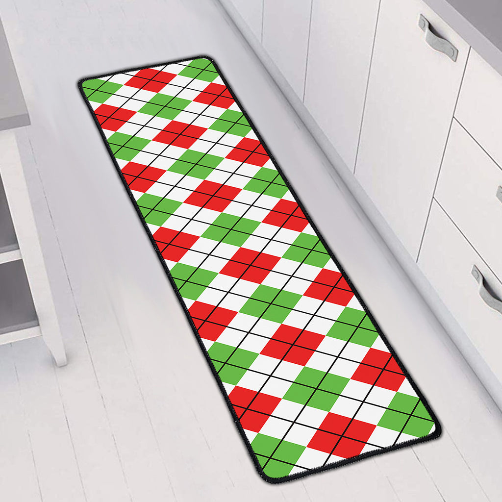 Green Red And White Argyle Pattern Print Long Kitchen Mat