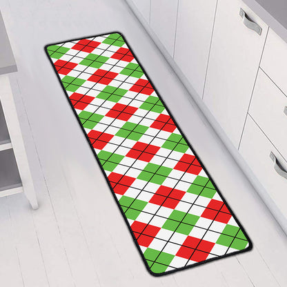 Green Red And White Argyle Pattern Print Long Kitchen Mat