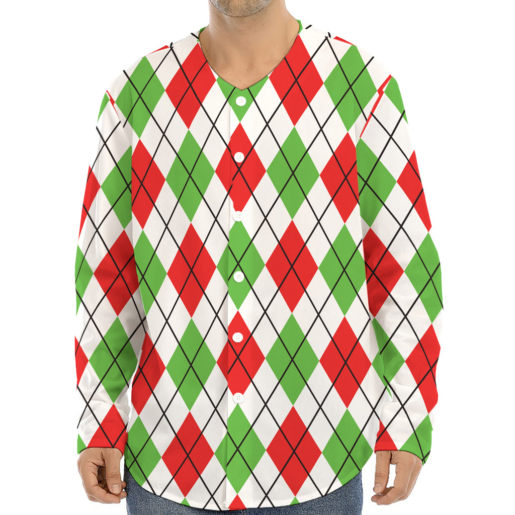 Green Red And White Argyle Pattern Print Long Sleeve Baseball Jersey