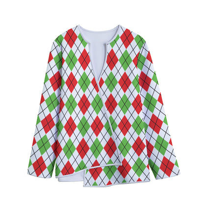 Green Red And White Argyle Pattern Print Long Sleeve Short Coat