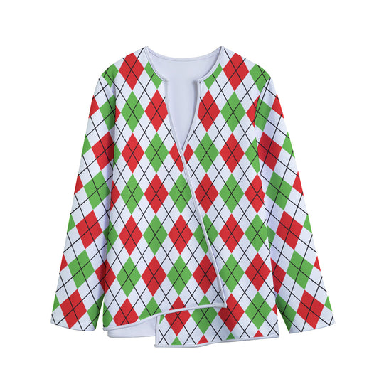 Green Red And White Argyle Pattern Print Long Sleeve Short Coat