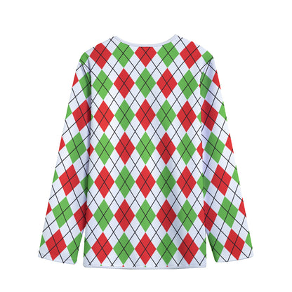 Green Red And White Argyle Pattern Print Long Sleeve Short Coat