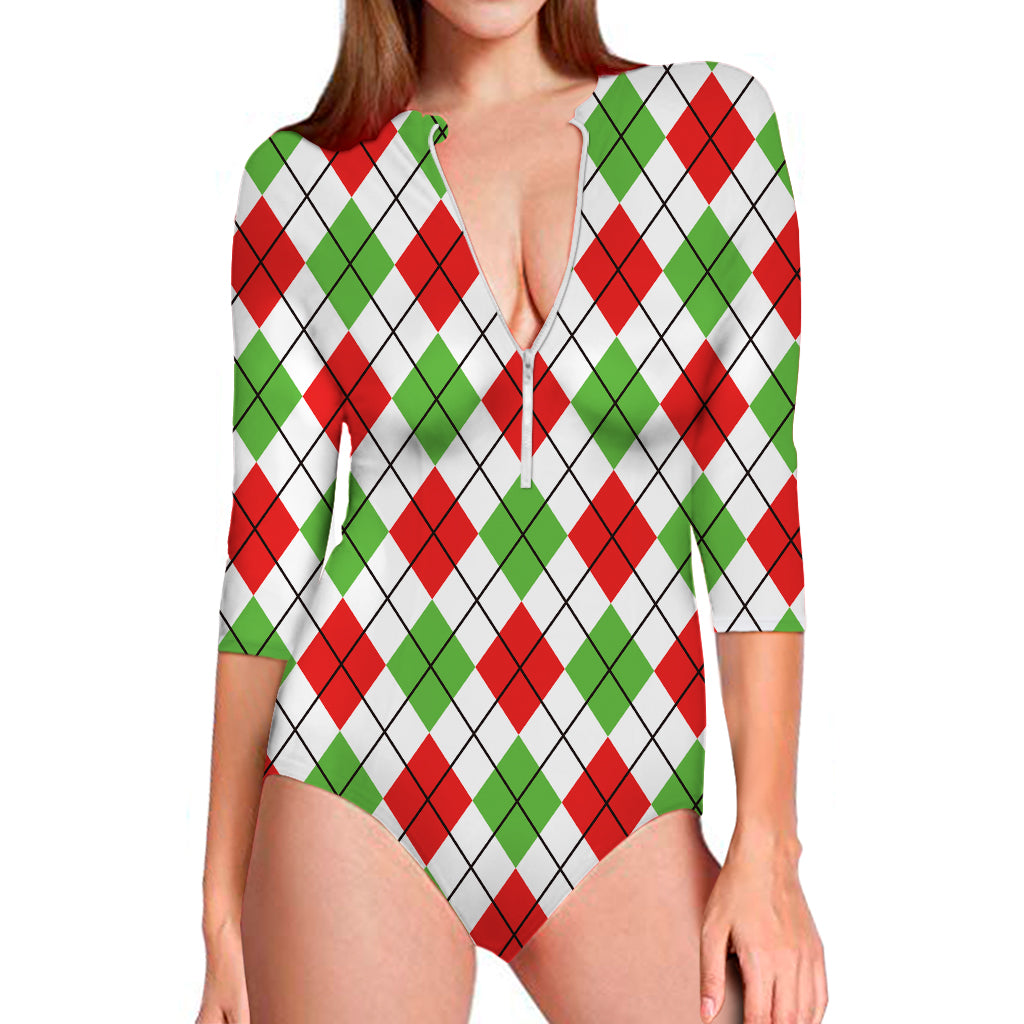 Green Red And White Argyle Pattern Print Long Sleeve Swimsuit