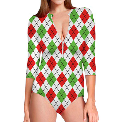 Green Red And White Argyle Pattern Print Long Sleeve Swimsuit