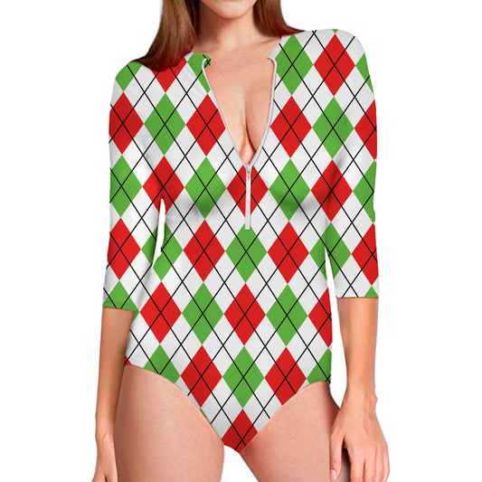 Green Red And White Argyle Pattern Print Long Sleeve Swimsuit