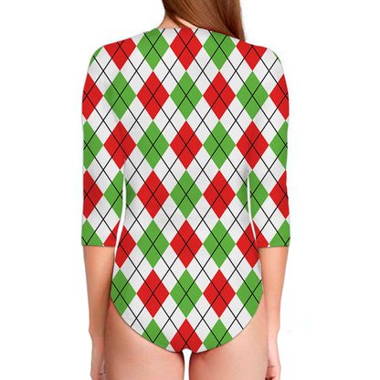 Green Red And White Argyle Pattern Print Long Sleeve Swimsuit