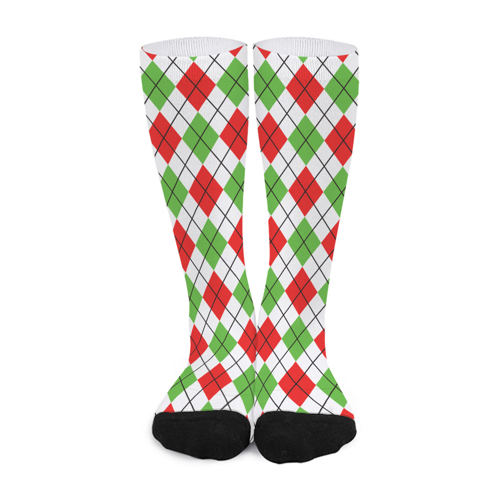 Green Red And White Argyle Pattern Print Long Socks