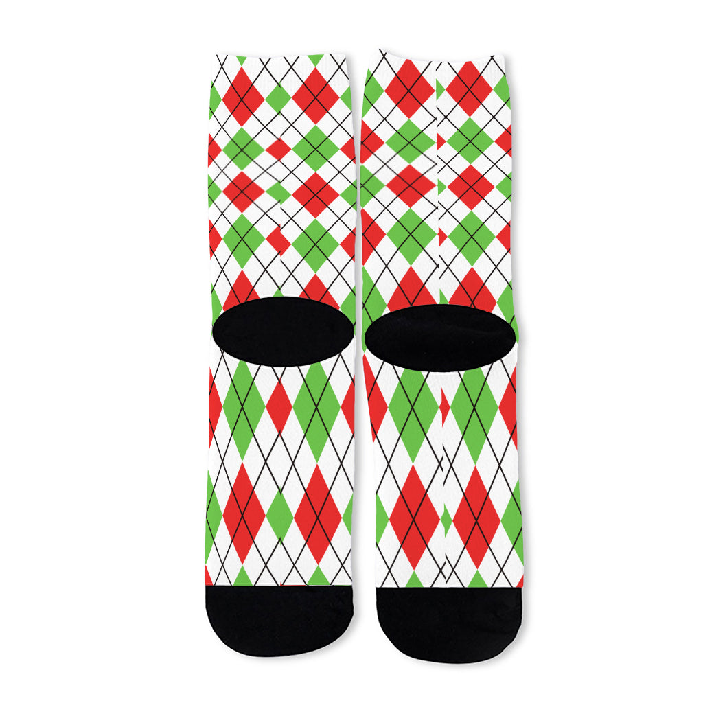 Green Red And White Argyle Pattern Print Long Socks