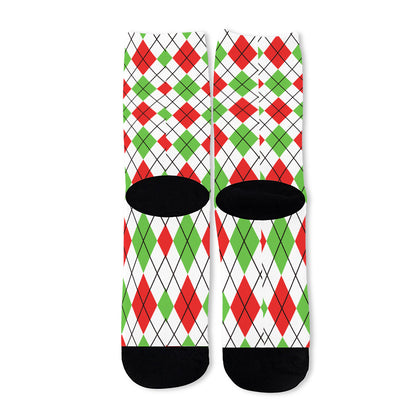 Green Red And White Argyle Pattern Print Long Socks