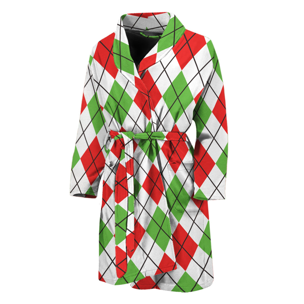 Green Red And White Argyle Pattern Print Men's Bathrobe