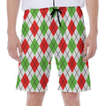 Green Red And White Argyle Pattern Print Men's Beach Shorts