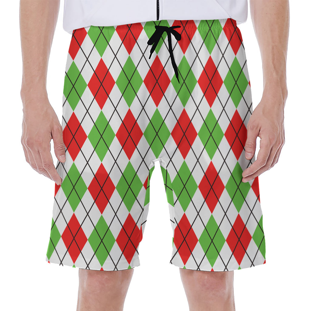 Green Red And White Argyle Pattern Print Men's Beach Shorts