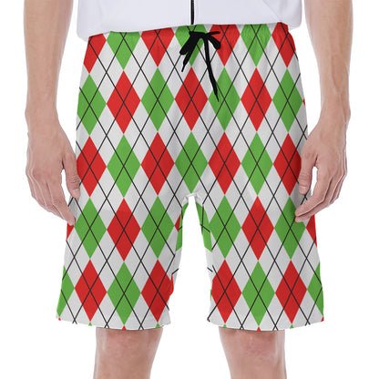 Green Red And White Argyle Pattern Print Men's Beach Shorts