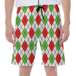 Green Red And White Argyle Pattern Print Men's Beach Shorts