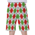 Green Red And White Argyle Pattern Print Men's Beach Shorts