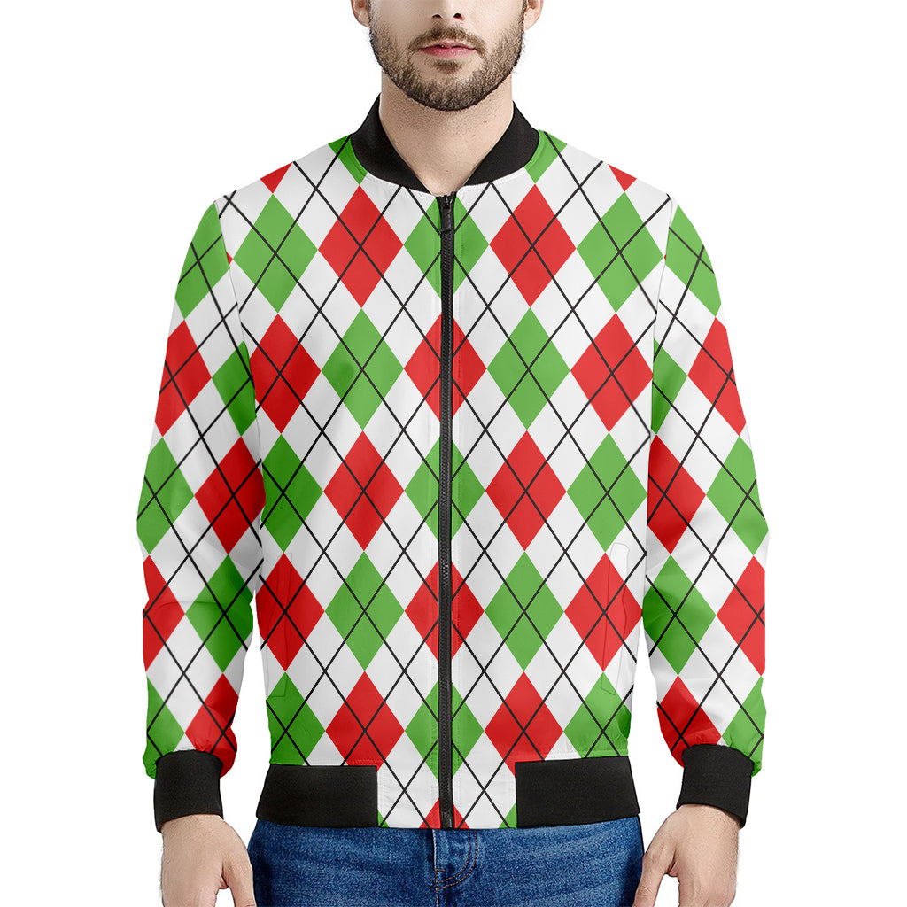 Green Red And White Argyle Pattern Print Men's Bomber Jacket