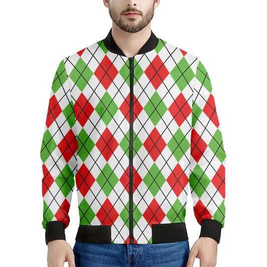 Green Red And White Argyle Pattern Print Men's Bomber Jacket