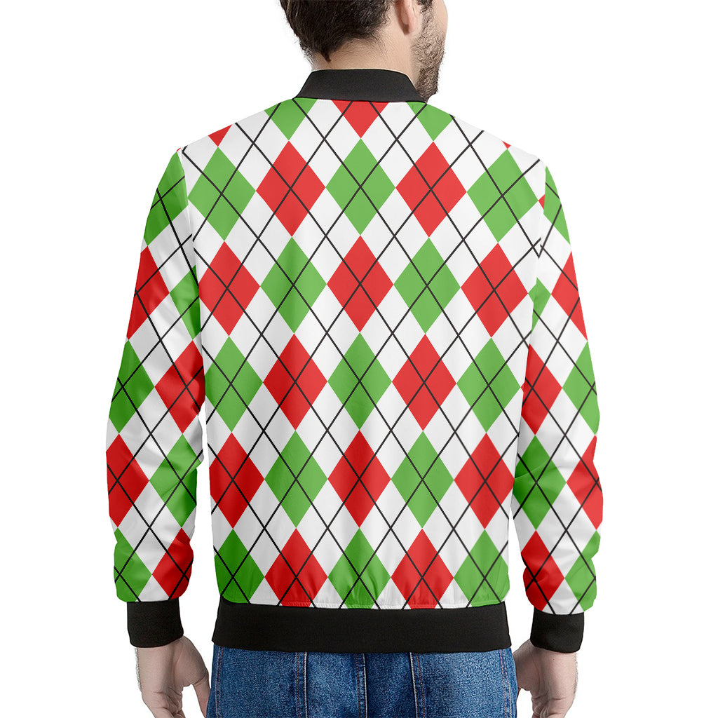 Green Red And White Argyle Pattern Print Men's Bomber Jacket