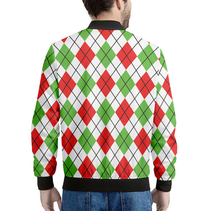 Green Red And White Argyle Pattern Print Men's Bomber Jacket