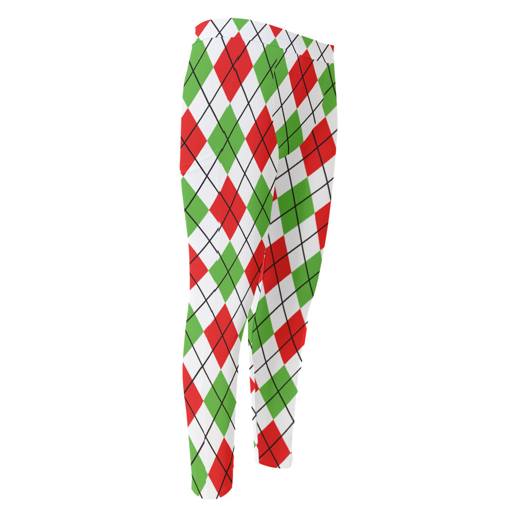 Green Red And White Argyle Pattern Print Men's Compression Pants