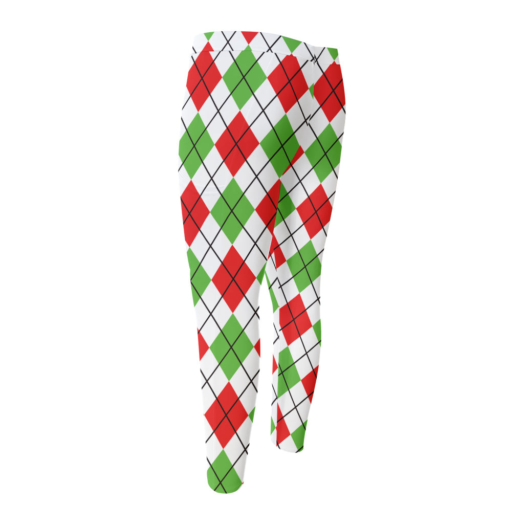 Green Red And White Argyle Pattern Print Men's Compression Pants