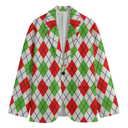 Green Red And White Argyle Pattern Print Men's Cotton Blazer