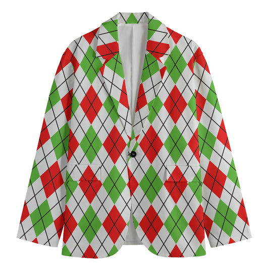 Green Red And White Argyle Pattern Print Men's Cotton Blazer
