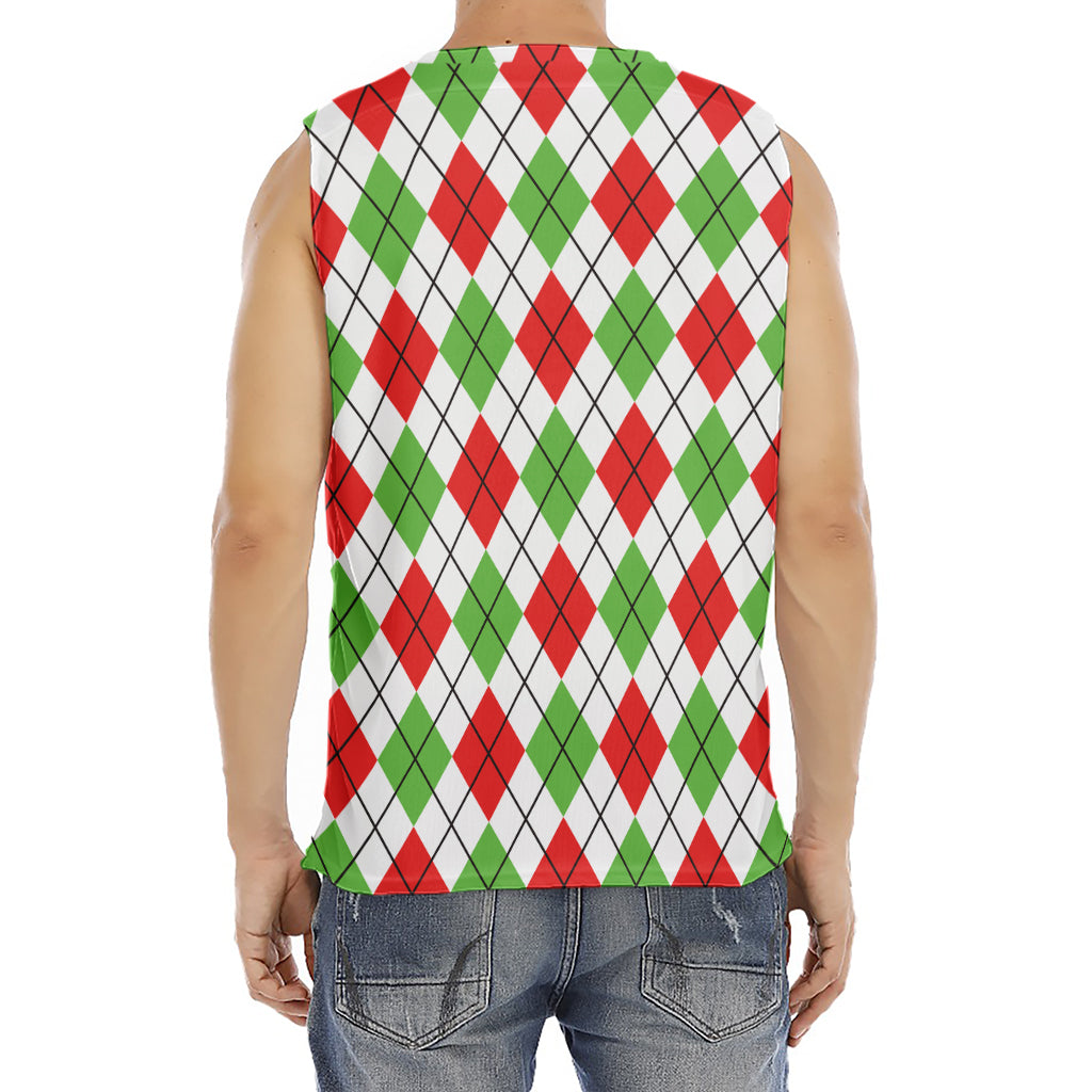 Green Red And White Argyle Pattern Print Men's Fitness Tank Top