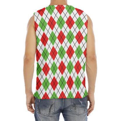 Green Red And White Argyle Pattern Print Men's Fitness Tank Top