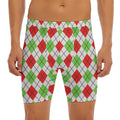 Green Red And White Argyle Pattern Print Men's Long Boxer Briefs