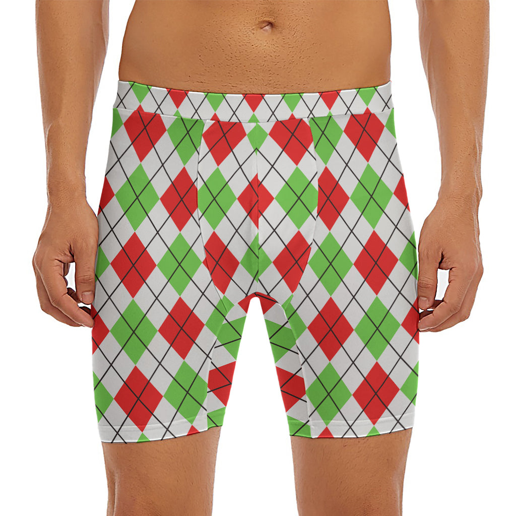 Green Red And White Argyle Pattern Print Men's Long Boxer Briefs