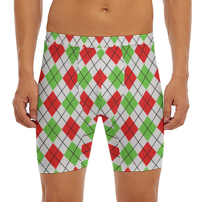 Green Red And White Argyle Pattern Print Men's Long Boxer Briefs