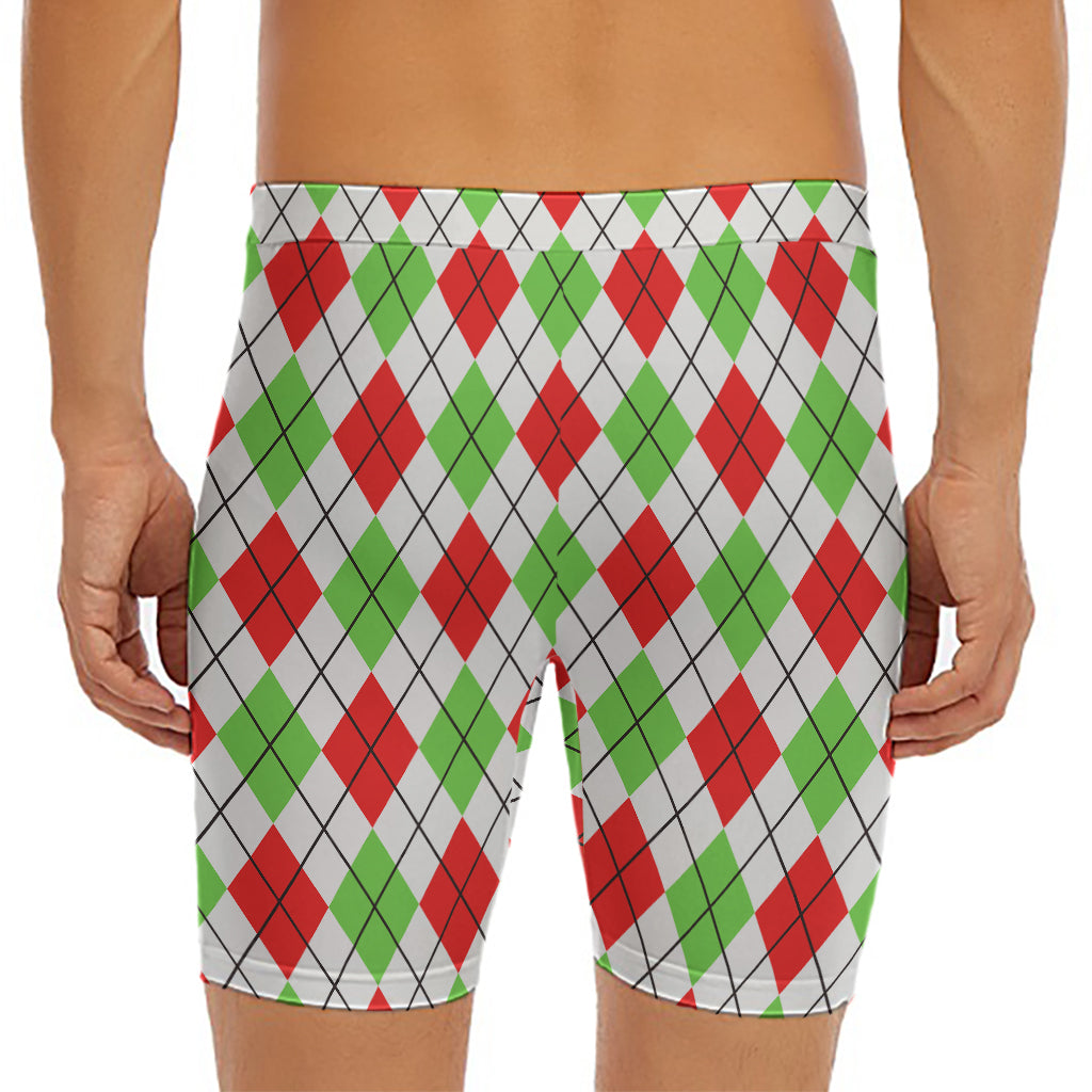 Green Red And White Argyle Pattern Print Men's Long Boxer Briefs