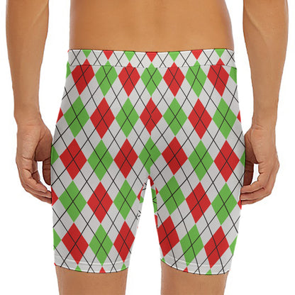Green Red And White Argyle Pattern Print Men's Long Boxer Briefs
