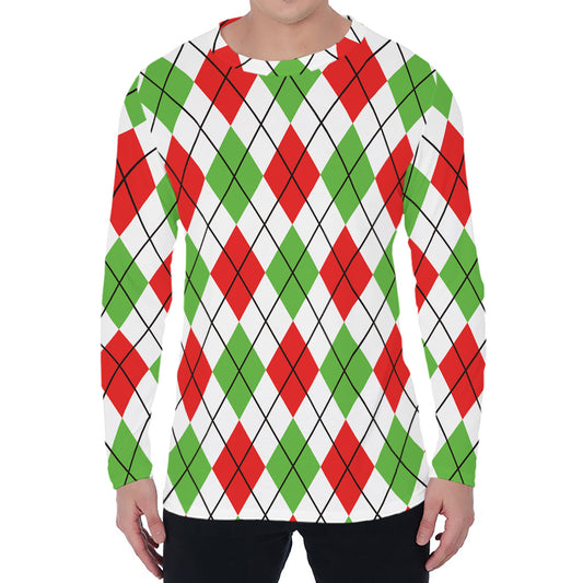 Green Red And White Argyle Pattern Print Men's Long Sleeve T-Shirt