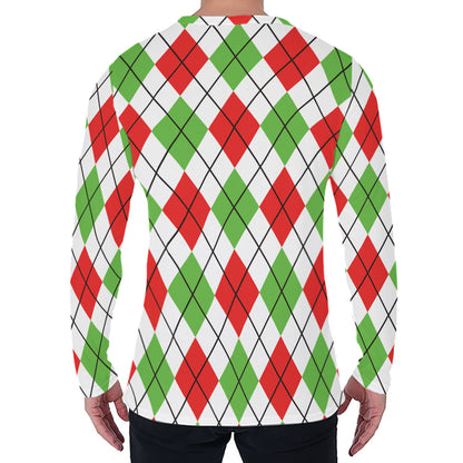 Green Red And White Argyle Pattern Print Men's Long Sleeve T-Shirt