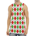 Green Red And White Argyle Pattern Print Men's Muscle Tank Top