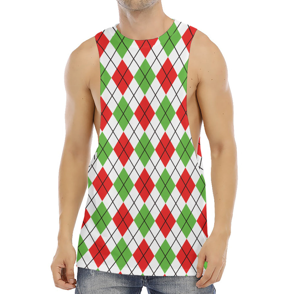 Green Red And White Argyle Pattern Print Men's Muscle Tank Top