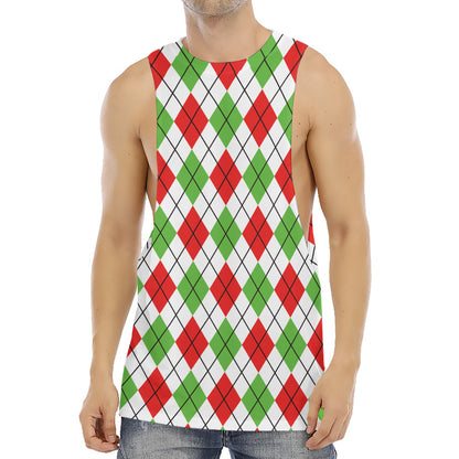 Green Red And White Argyle Pattern Print Men's Muscle Tank Top