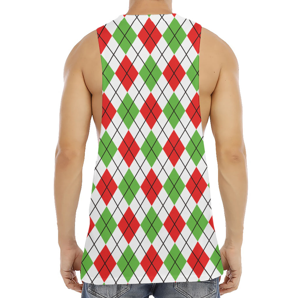 Green Red And White Argyle Pattern Print Men's Muscle Tank Top