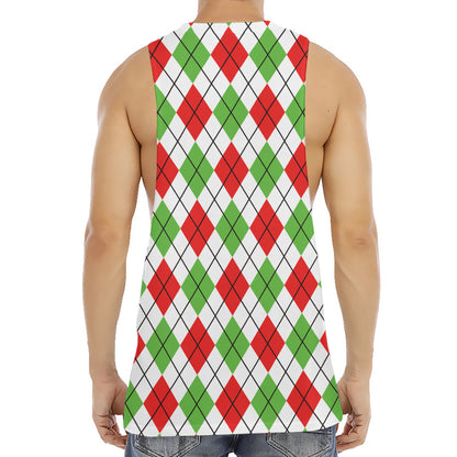 Green Red And White Argyle Pattern Print Men's Muscle Tank Top
