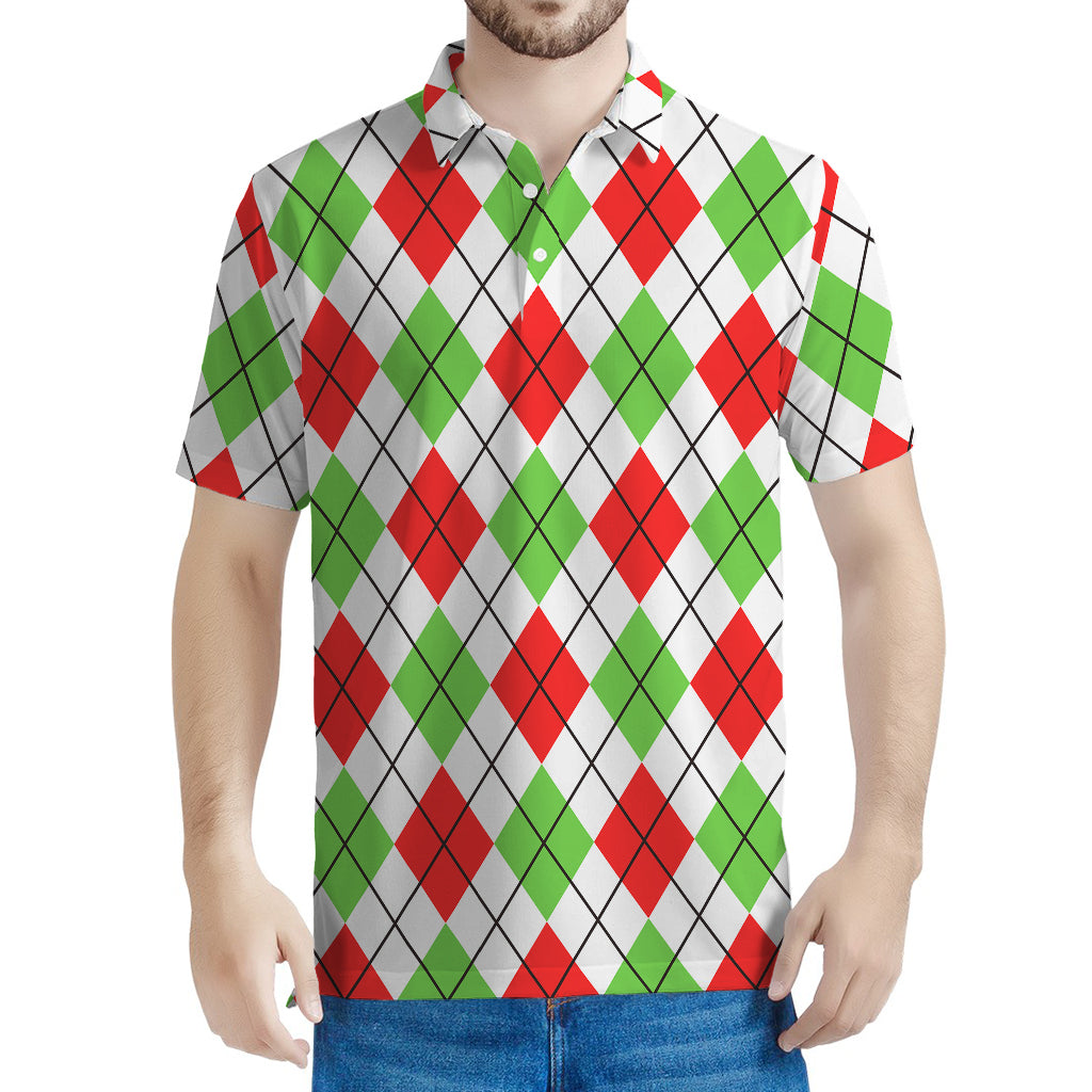 Green Red And White Argyle Pattern Print Men's Polo Shirt